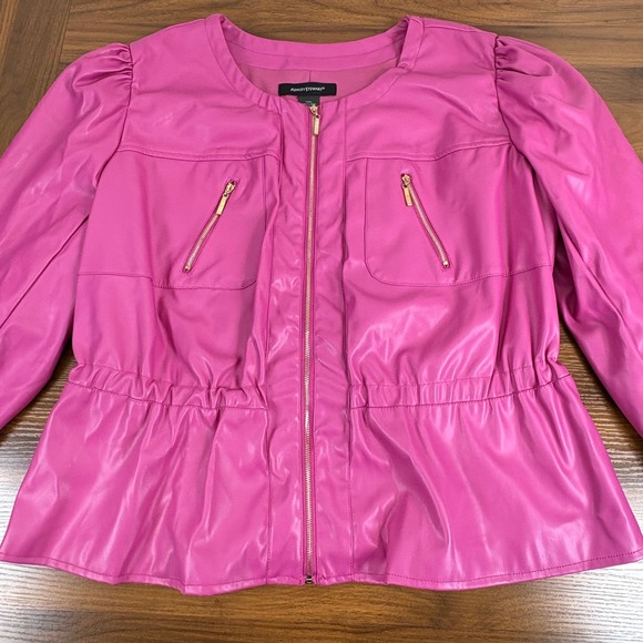 Ashley Stewart NEW Womens Faux Leather Jacket Peplum Zip Front Fuchsia‎ Pink 18 - Picture 3 of 14